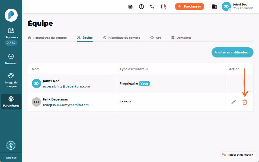 Liste de l’équipe montrant que l’utilisateur invité est maintenant Éditeur, avec options pour modifi Liste de l’équipe montrant que l’utilisateur invité est maintenant Éditeur, avec options pour modifi