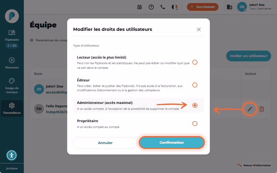 Fenêtre de modification des autorisations utilisateur, avec Fenêtre de modification des autorisations utilisateur, avec