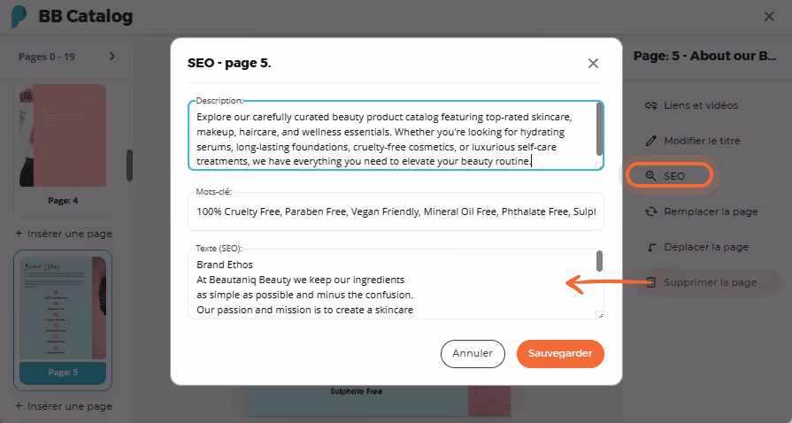 Panneau SEO avec champs pour la description, les mots-clés et le texte SEO de la page 5 dans un flip Panneau SEO avec champs pour la description, les mots-clés et le texte SEO de la page 5 dans un flip