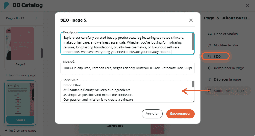 Panneau SEO avec champs pour la description, les mots-clés et le texte SEO de la page 5 dans un flip