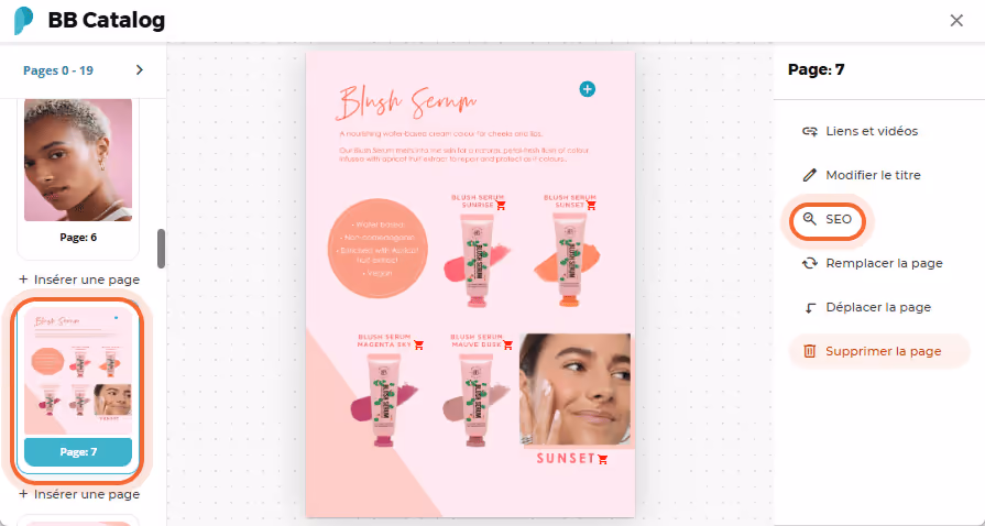Panneau SEO ouvert pour la page 7 du flipbook BB Catalog, affichant le contenu textuel et l’aperçu d Panneau SEO ouvert pour la page 7 du flipbook BB Catalog, affichant le contenu textuel et l’aperçu d