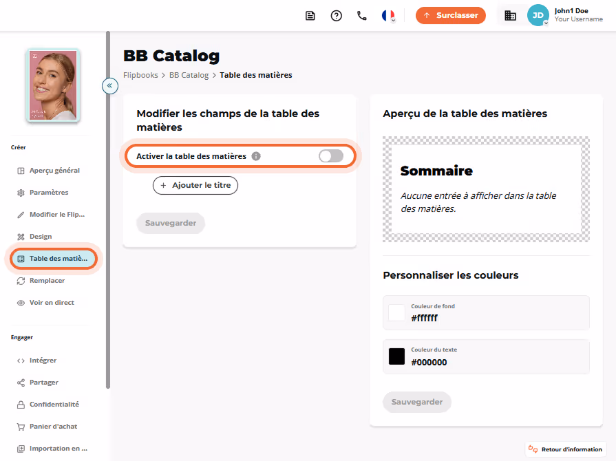 Interface du flipbook montrant des titres de pages et des en-têtes ajoutés manuellement.