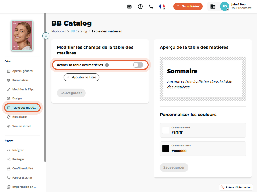 Interface du flipbook montrant des titres de pages et des en-têtes ajoutés manuellement.