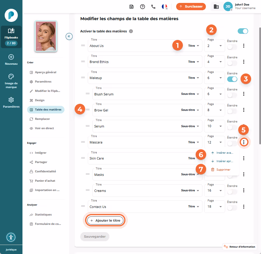 Interface de flipbook montrant des sous-titres imbriqués étendus sous les en-têtes dans la table des