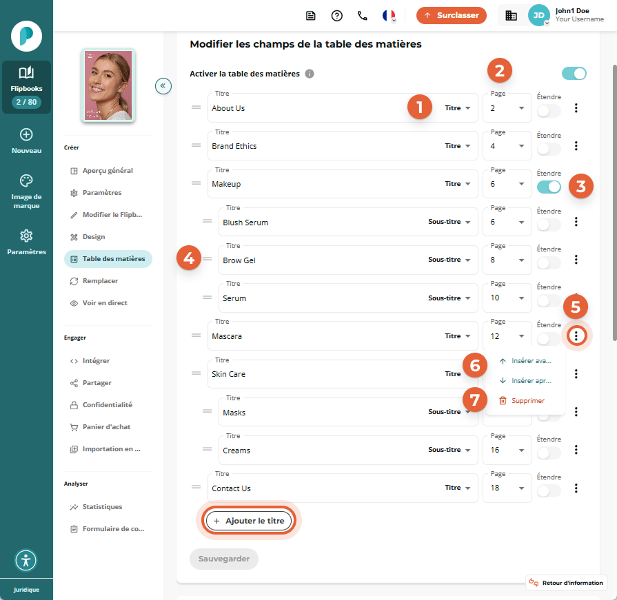Interface de flipbook montrant des sous-titres imbriqués étendus sous les en-têtes dans la table des