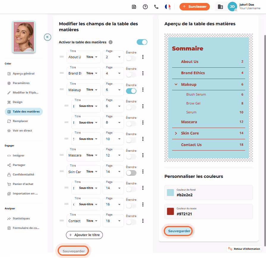 Aperçu de la mise en page active de la table des matières avec titres stylisés, couleurs et indentat