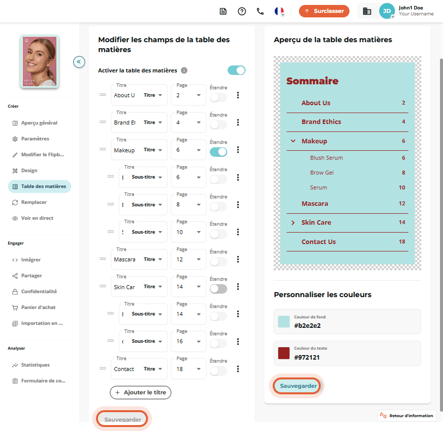 Aperçu de la mise en page active de la table des matières avec titres stylisés, couleurs et indentat