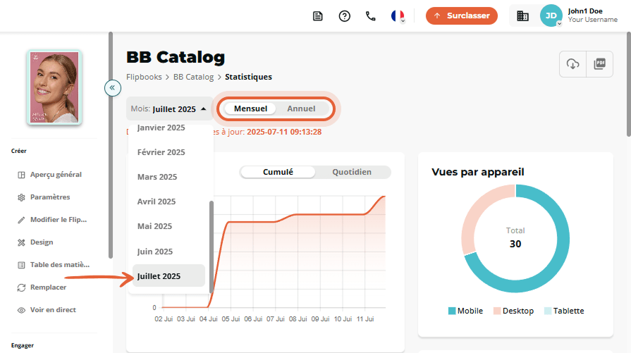 Filtre mensuel sélectionné pour les statistiques du flipbook avec menu déroulant ouvert.