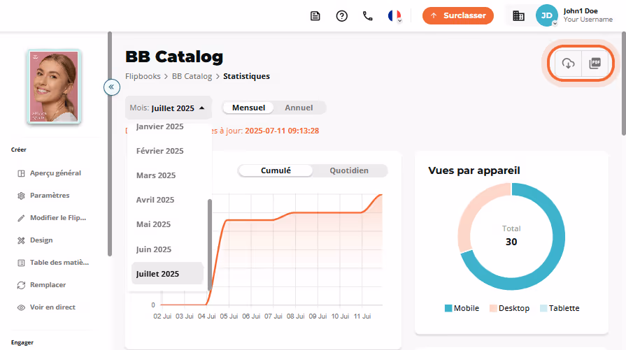 Option de télécharger ou d’actualiser les statistiques du flipbook en haut à droite.