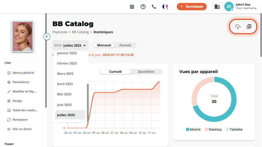 Option de télécharger ou d’actualiser les statistiques du flipbook en haut à droite.