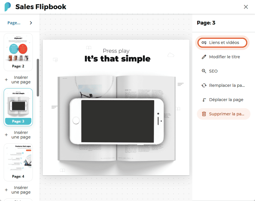 Menu Liens et vidéos ouvert, montrant la page 3 d’un flipbook avec un iPhone superposé à un livre ou