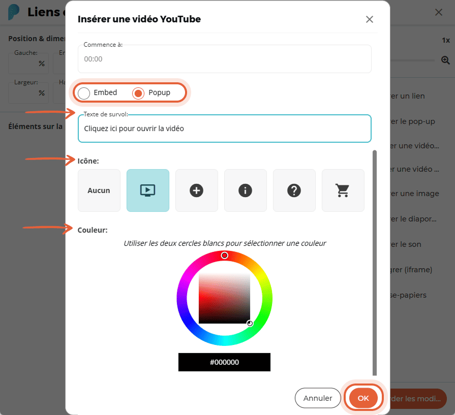 Paramètres d’apparence de la vidéo YouTube avec la fenêtre contextuelle sélectionnée, texte personna