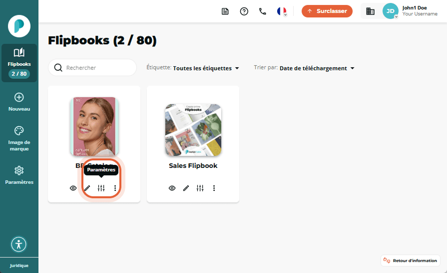 Tableau de bord Flipbooks avec l’icône curseur Paramètres mise en évidence sous la vignette « BB Cat