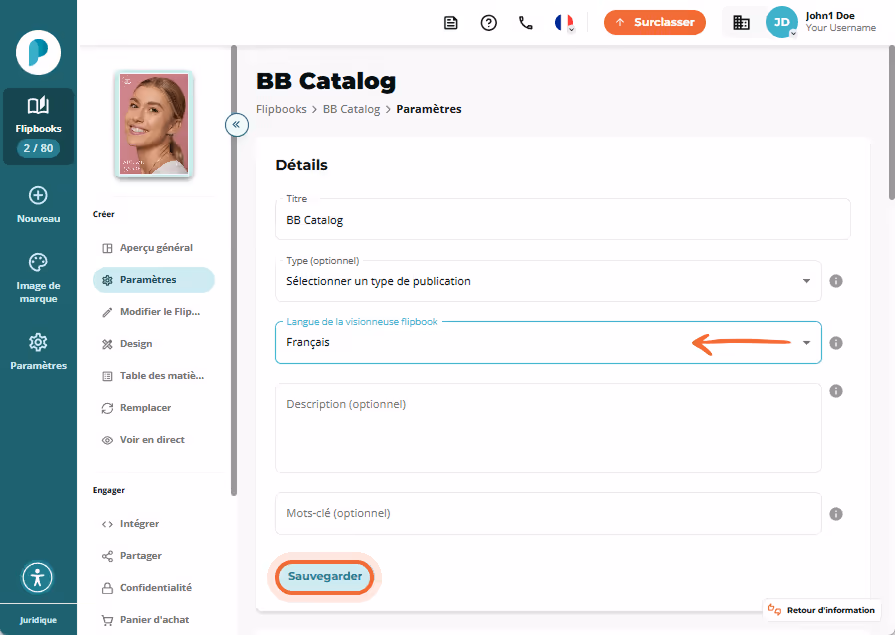 Page des paramètres de BB Catalog affichant la flèche déroulante « Flipbook viewer language » et le 