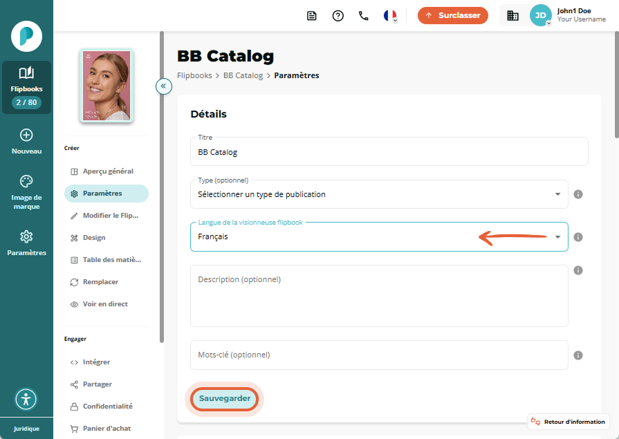 Page des paramètres de BB Catalog affichant la flèche déroulante « Flipbook viewer language » et le 