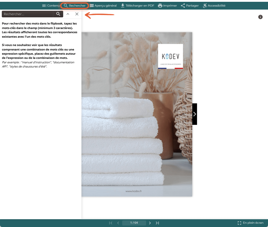 Vue du flipbook avec l’option Rechercher sélectionnée dans la barre supérieure et le panneau de recherche ouvert à gauche. Vue du flipbook avec l’option Rechercher sélectionnée dans la barre supérieure et le panneau de recherche ouvert à gauche.