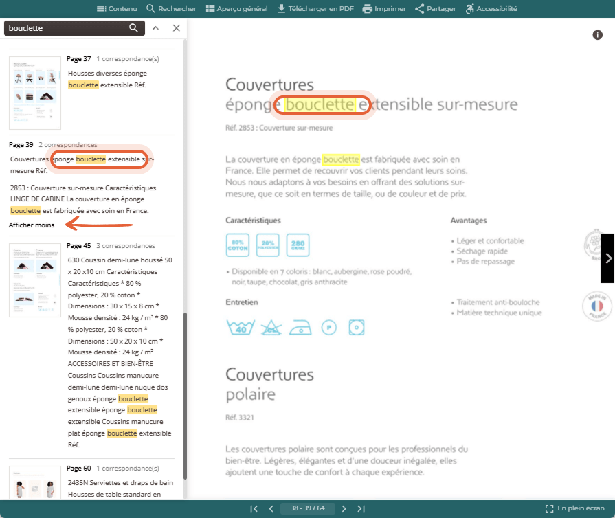 Résultats de recherche pour bouclette avec les correspondances surlignées dans la liste et directement sur la page ouverte du flipbook. Résultats de recherche pour bouclette avec les correspondances surlignées dans la liste et directement sur la page ouverte du flipbook.