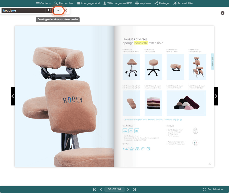 Vue du flipbook avec le panneau de recherche réduit et le bouton permettant de développer les résultats de recherche surligné. Vue du flipbook avec le panneau de recherche réduit et le bouton permettant de développer les résultats de recherche surligné.