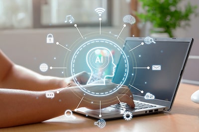 A person using a laptop and the word AI connected to symbols representing settings, chat, email, web