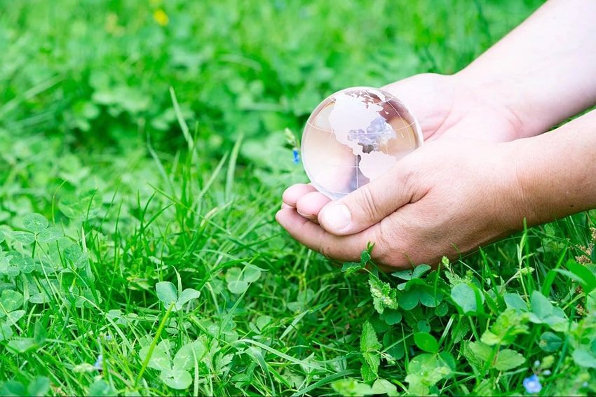 Person holding globe near grass