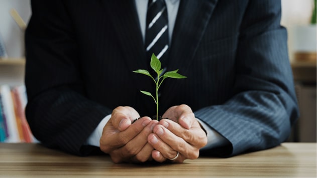 A business man holding a plant in his hands A business man holding a plant in his hands