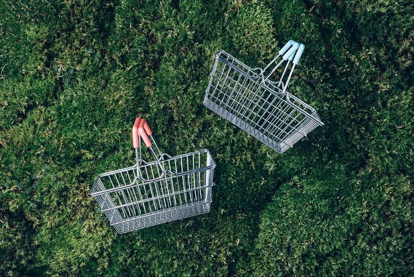 Shopping baskets on the grass