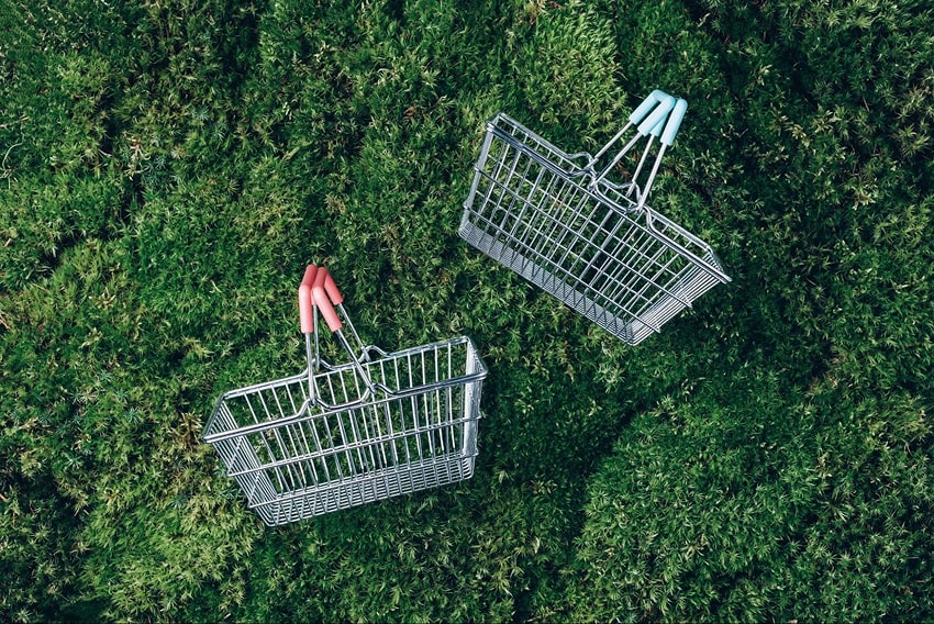 Shopping baskets on the grass