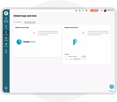 Tableau de bord Paperturn en marque blanche montrant des options pour téléverser des logos et des icônes de marque personnalisés pour les publications numériques…