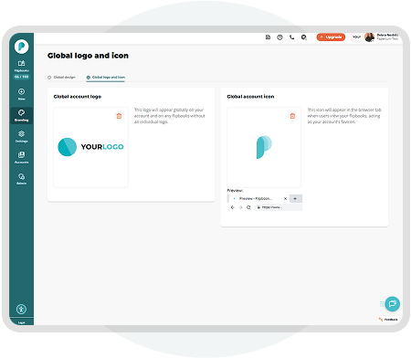 Paperturn white-label dashboard showing options to upload custom brand logos and icons for digital p Paperturn white-label dashboard showing options to upload custom brand logos and icons for digital p
