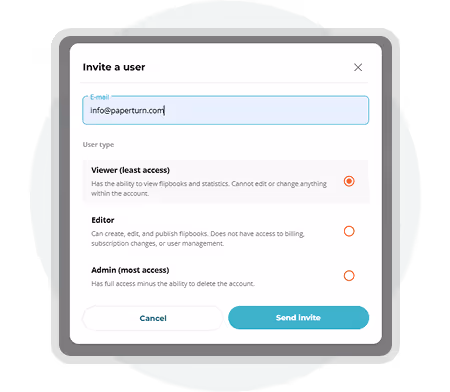 Interface d’invitation Paperturn présentant des options pour attribuer des rôles de lecteur, d’éditeur ou d’administrateur à l’équipe