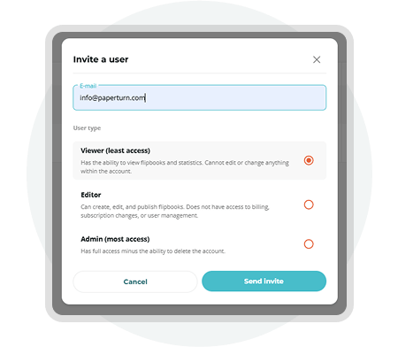Paperturn invite user interface showing options to assign viewer, editor, or admin roles for team co Paperturn invite user interface showing options to assign viewer, editor, or admin roles for team co
