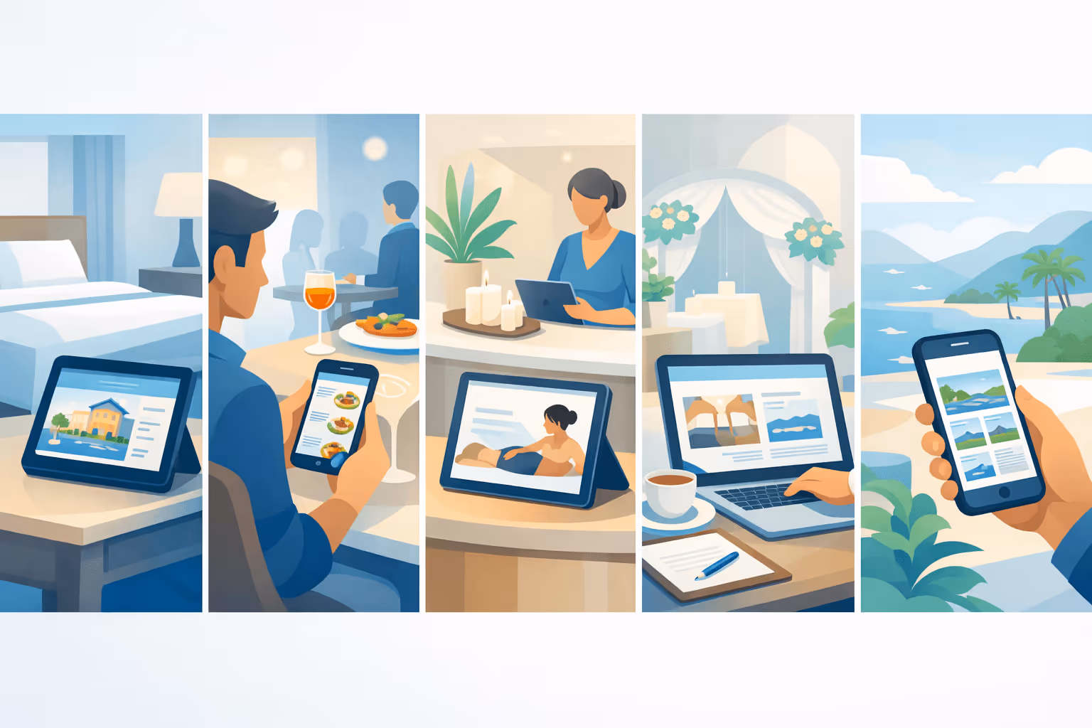 Five-panel illustration of digital hospitality experiences: hotel guide on a tablet, restaurant menu on a phone, spa brochure on a tablet, event package on a laptop, and destination guide on a mobile device. Five-panel illustration of digital hospitality experiences: hotel guide on a tablet, restaurant menu on a phone, spa brochure on a tablet, event package on a laptop, and destination guide on a mobile device.