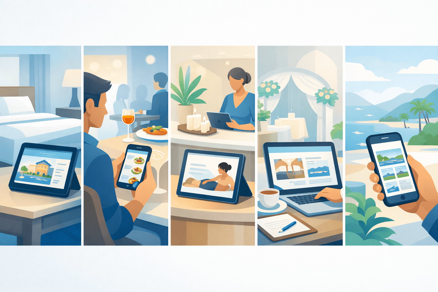 Five-panel illustration of digital hospitality experiences: hotel guide on a tablet, restaurant menu on a phone, spa brochure on a tablet, event package on a laptop, and destination guide on a mobile device.