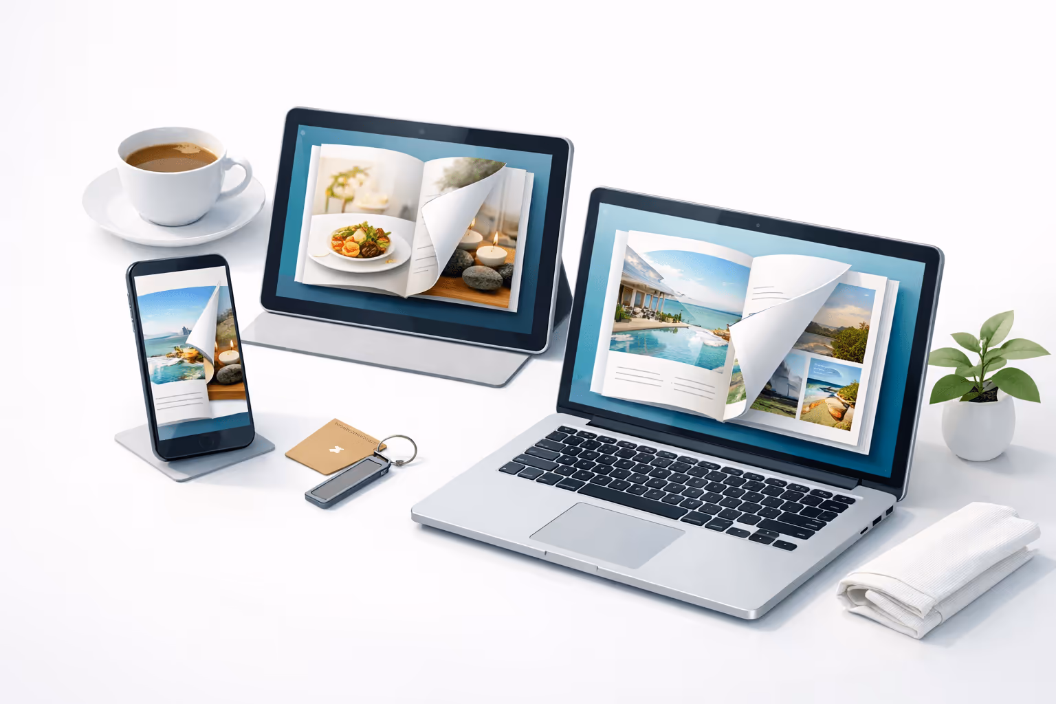 illustration of a phone, tablet, and laptop displaying hotel-style digital flipbooks, arranged with a coffee cup, key card, folded napkin, and plant on a clean white surface. illustration of a phone, tablet, and laptop displaying hotel-style digital flipbooks, arranged with a coffee cup, key card, folded napkin, and plant on a clean white surface.