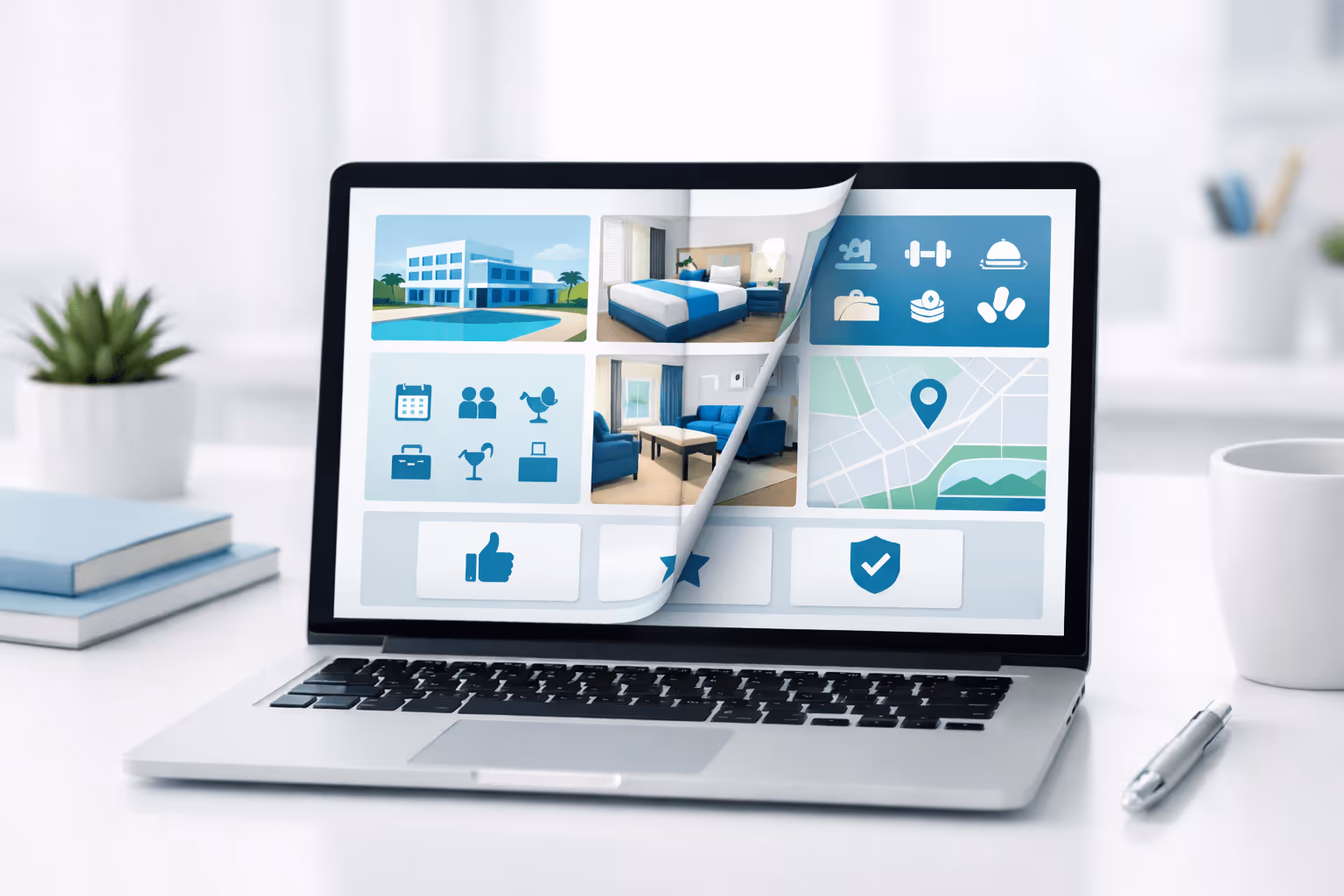 Laptop on a white desk showing a hotel presentation styled like an online flipbook with blue UI cards and a page-turn effect.