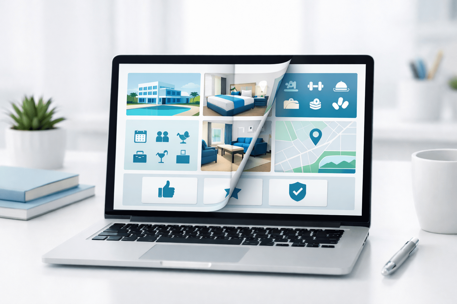 Laptop on a white desk showing a hotel presentation styled like an online flipbook with blue UI cards and a page-turn effect. Laptop on a white desk showing a hotel presentation styled like an online flipbook with blue UI cards and a page-turn effect.