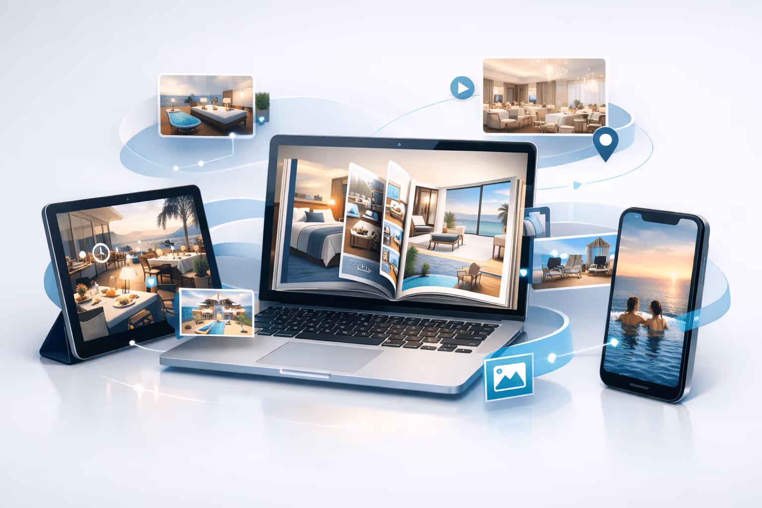 Isometric illustration of a laptop, tablet, and phone showcasing hotel scenes, with the laptop displaying an open flipbook and glowing interface lines linking the devices.