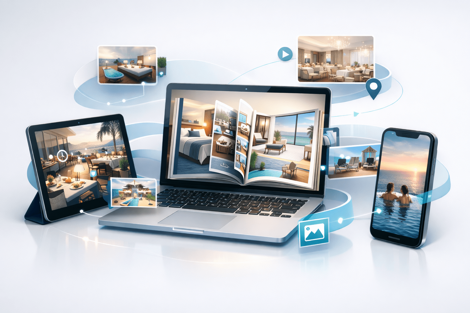 Isometric illustration of a laptop, tablet, and phone showcasing hotel scenes, with the laptop displaying an open flipbook and glowing interface lines linking the devices. Isometric illustration of a laptop, tablet, and phone showcasing hotel scenes, with the laptop displaying an open flipbook and glowing interface lines linking the devices.