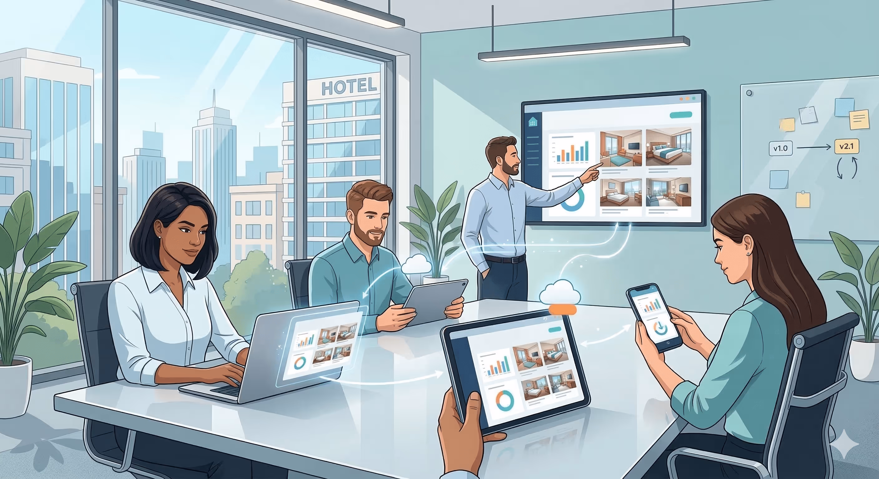 A vector illustration of a team collaborating in a modern office, sharing hotel marketing data across a laptop, multiple tablets, and a smartphone.