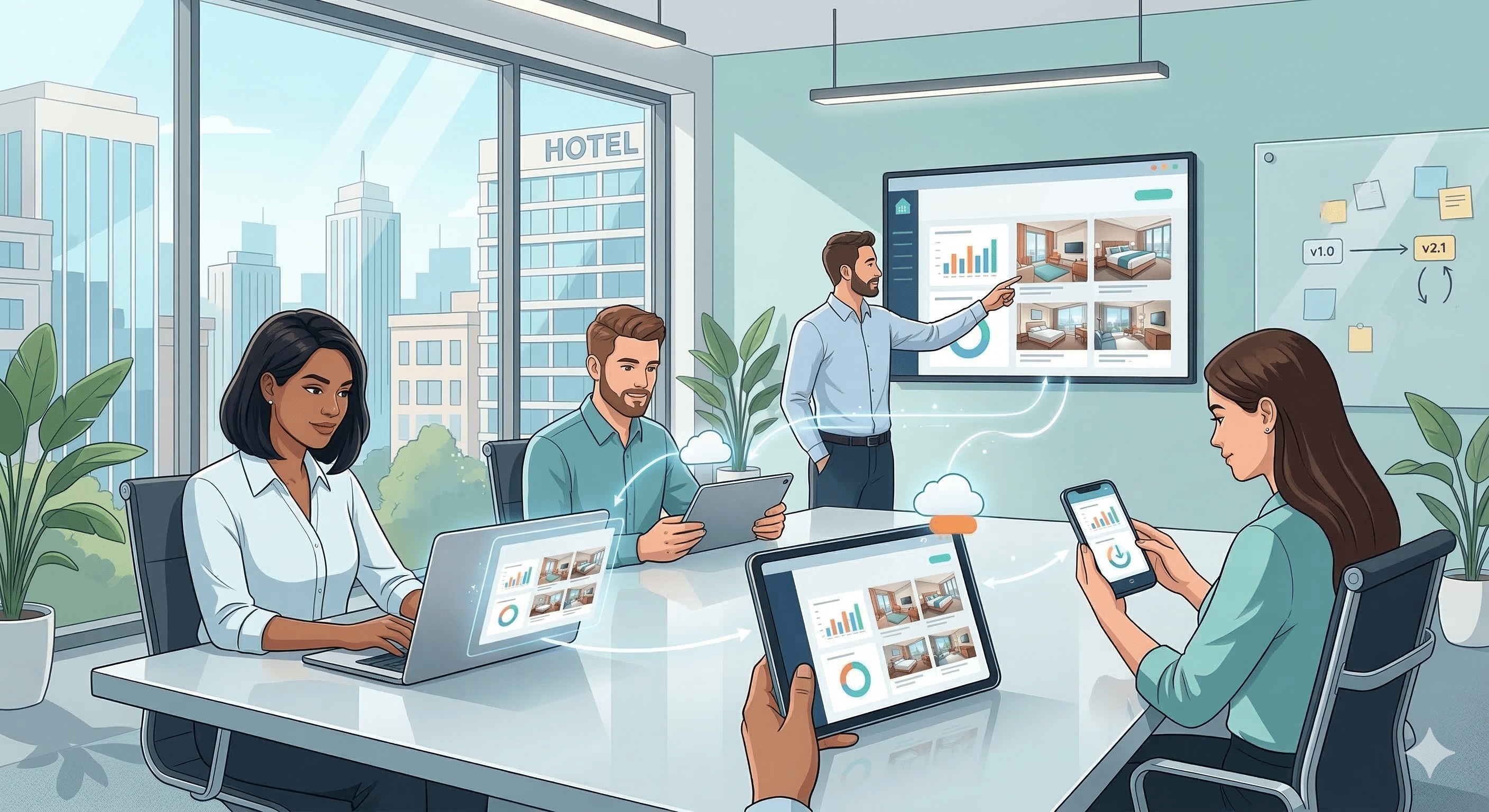 A vector illustration of a team collaborating in a modern office, sharing hotel marketing data across a laptop, multiple tablets, and a smartphone. A vector illustration of a team collaborating in a modern office, sharing hotel marketing data across a laptop, multiple tablets, and a smartphone.