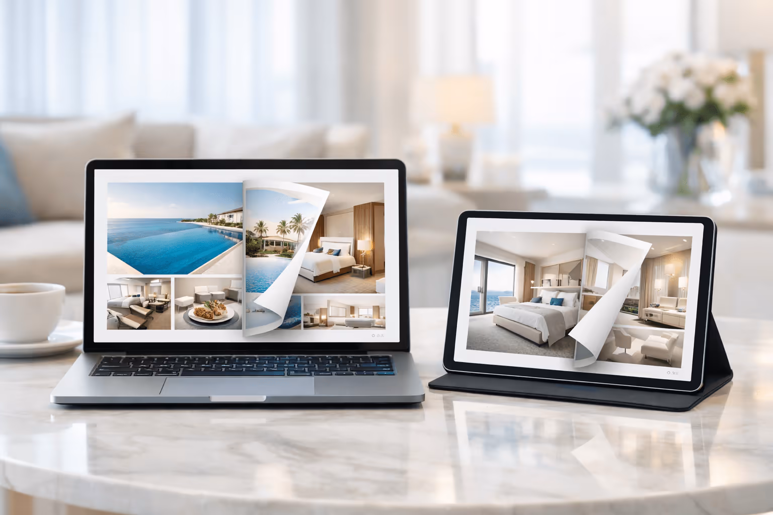 Laptop and tablet displaying a luxury hotel flipbook presentation on a marble table in a bright, elegant hotel-style setting.