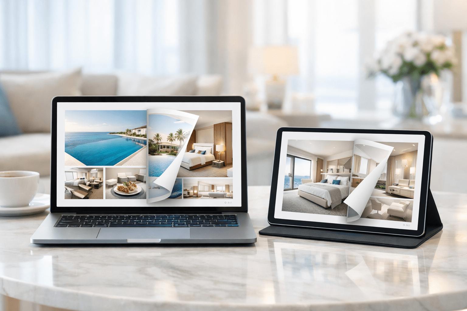 Laptop and tablet displaying a luxury hotel flipbook presentation on a marble table in a bright, elegant hotel-style setting. Laptop and tablet displaying a luxury hotel flipbook presentation on a marble table in a bright, elegant hotel-style setting.
