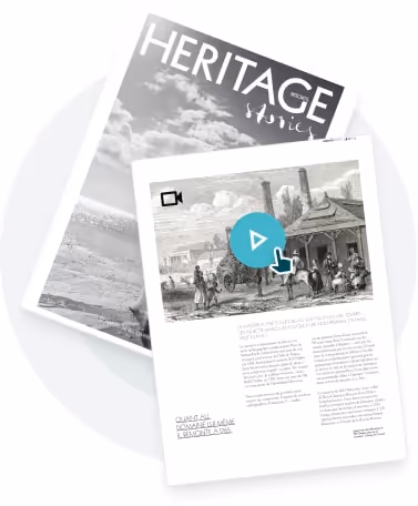 Couverture et page intérieure de magazine digital avec icône de lecture vidéo intégrée.