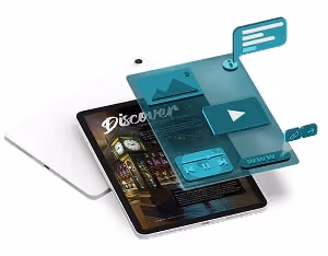 A 3D rendering of a travel flipbook, showcasing various interactive elements