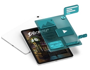 A 3D rendering of a travel flipbook, showcasing various interactive elements