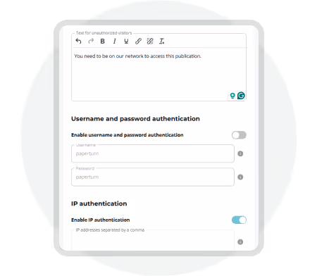 Paramètres de sécurité Paperturn montrant les options d’authentification par IP et par mot de passe pour contrôler l’accès à Paramètres de sécurité Paperturn montrant les options d’authentification par IP et par mot de passe pour contrôler l’accès à