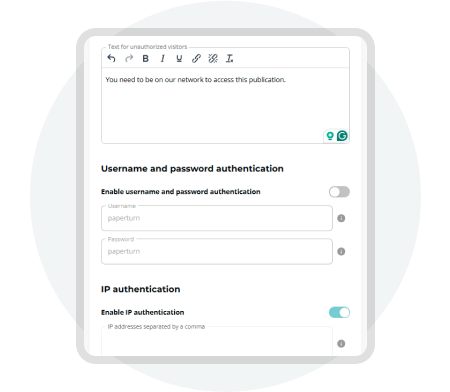 Paperturn security settings showing IP and password authentication options for controlling access to Paperturn security settings showing IP and password authentication options for controlling access to