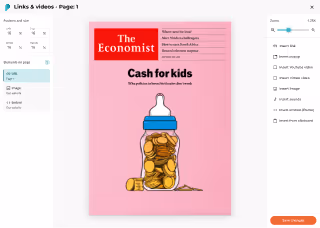 Paperturn editor showing a flipbook page being customized with
  interactive links and media