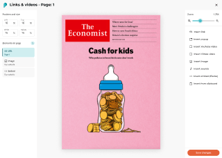 Paperturn editor showing a flipbook page being customized with
  interactive links and media