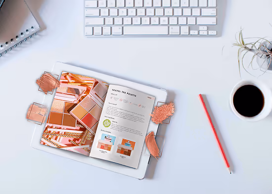 Tablet on a desk, showing a flipbook Tablet on a desk, showing a flipbook